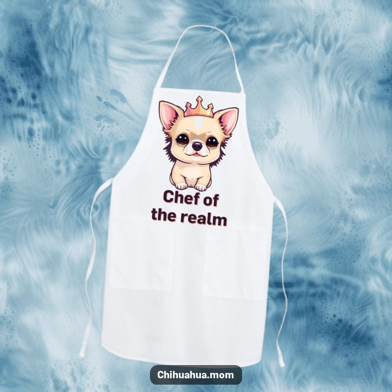 Funny Chihuahua apron showing a small chihuahua wearing a tiny crown, looking regal and ready to conquer the kitchen.