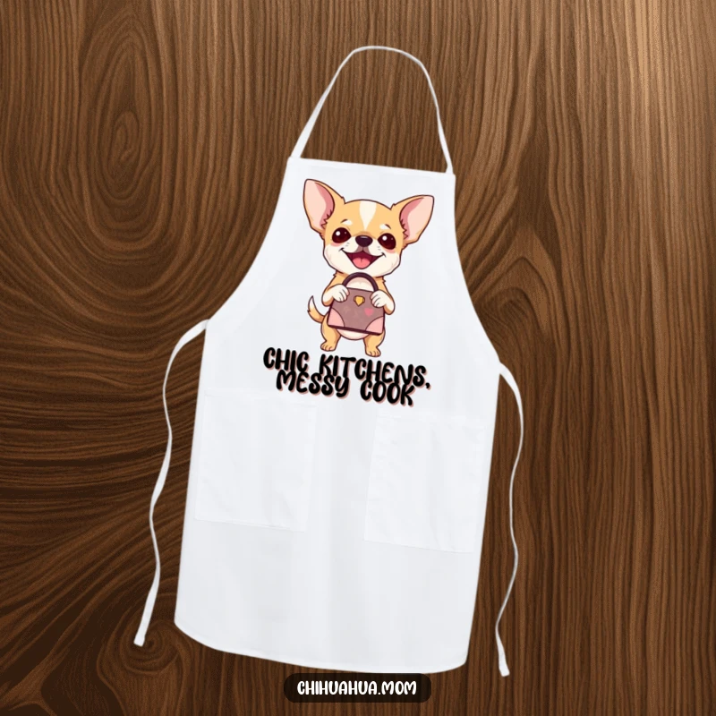 Funny Chihuahua Apron: A chihuahua joyfully holding a tiny designer handbag, looking ready for a fashion show. A fun funny gift.
