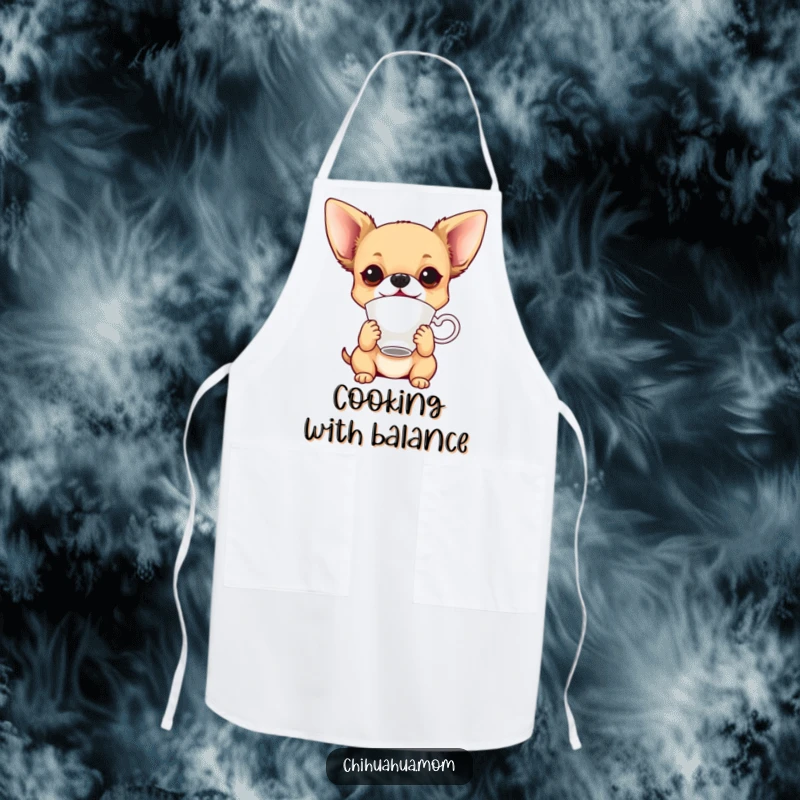 Funny playful chihuahua balancing a teacup on its nose on a kitchen apron, bringing trick humor.