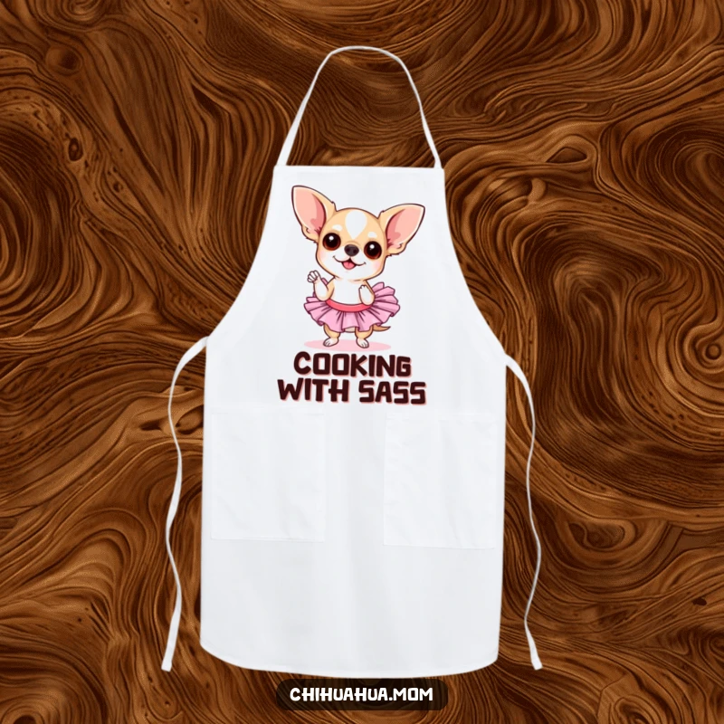 Funny chihuahua tutu apron. A chihuahua wearing a tutu strikes a sassy pose, offering a humorous and eye-catching statement for kitchen activities.