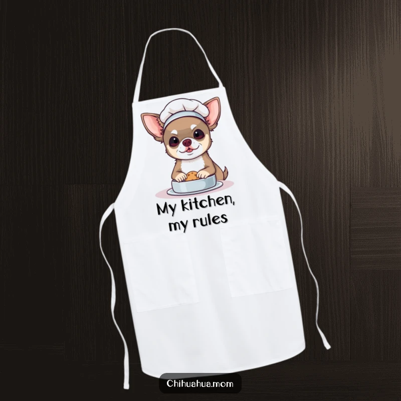 Funny Chef Chihuahua Apron: A dog in a chef hat bakes a cookie. Hilarious kitchen wear.