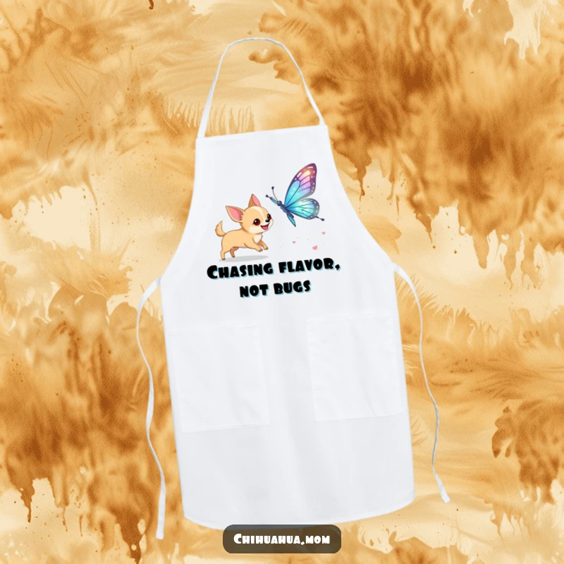 Funny Chihuahua Butterfly Apron: A dog excitedly chases a giant butterfly. Hilarious kitchen wear.