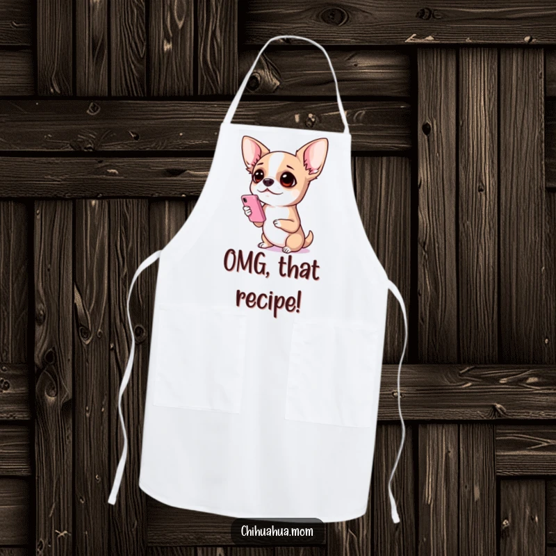 Funny Chihuahua Apron: A chihuahua holding a smartphone with a look of pure astonishment, ready to handle kitchen surprises with humor.