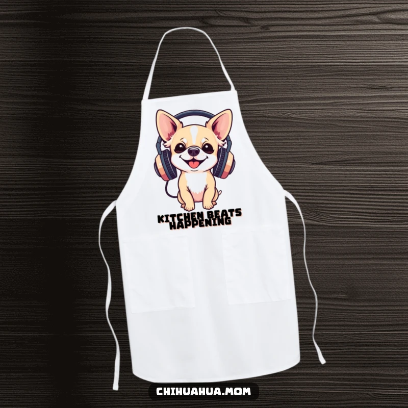 Funny Apron: a chihuahua wearing large headphones, ready to cook and entertain with a humorous, musical flair.