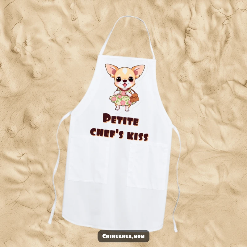 Funny apron: a chihuahua dog in a floral dress, posing with a purse while cooking.