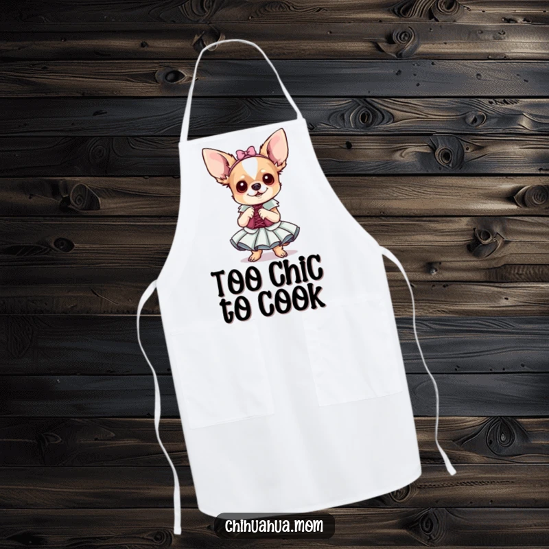 Funny Chihuahua Apron: A tiny dog in a fancy dress prepares to cook. Hilarious kitchen accessory.