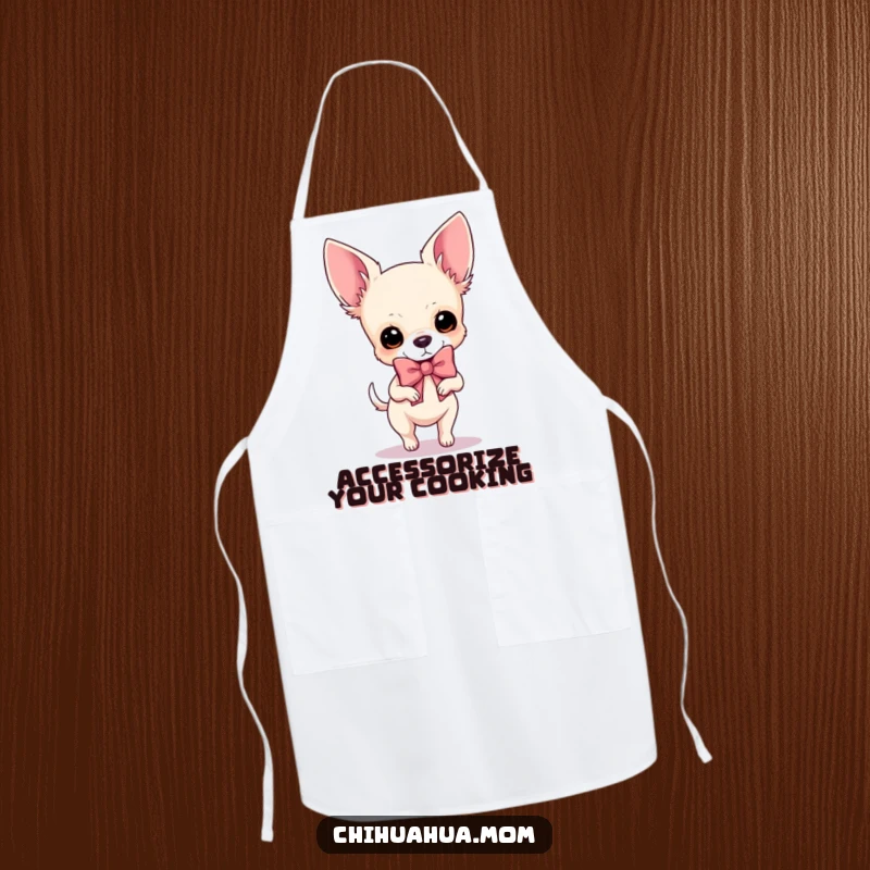 Funny Chihuahua Apron: A dog prances with a large bow, ready to host a fabulous kitchen party or cook-off.