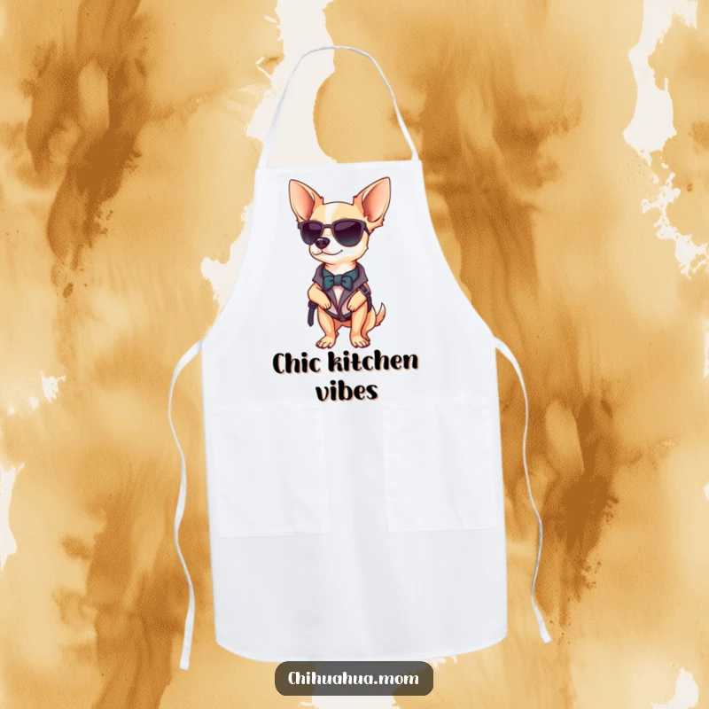Funny Chihuahua apron showing a stylish chihuahua posing confidently, ready to cook up a storm with flair.
