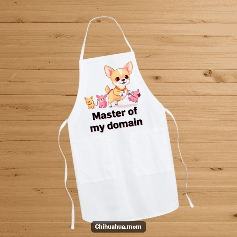 Funny apron showing a chihuahua confidently walking, leading a parade of tiny plush toys, ready for any task.