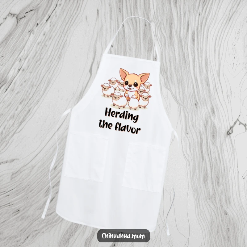 Funny determined chihuahua herding tiny sheep on a kitchen apron, bringing a farm humor touch.