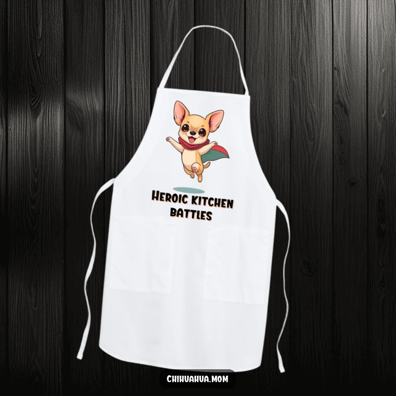 Funny Chihuahua Apron: Playful dog in superhero cape leaping energetically, heroic chef attire, humorous cooking accessory.
