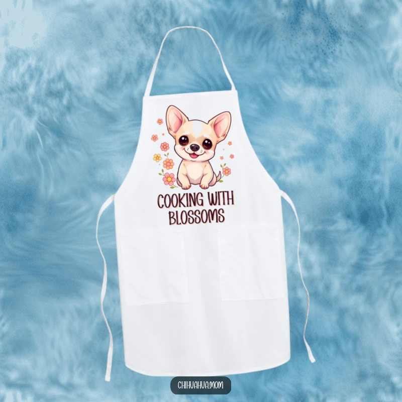 Funny Sweet Chihuahua Apron: Smiling chihuahua amidst floating flowers. Cute and humorous kitchen wear.