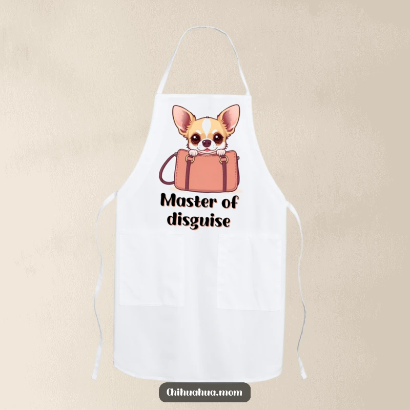 Funny chihuahua peeking from behind a designer handbag, designed as a humorous kitchen apron.