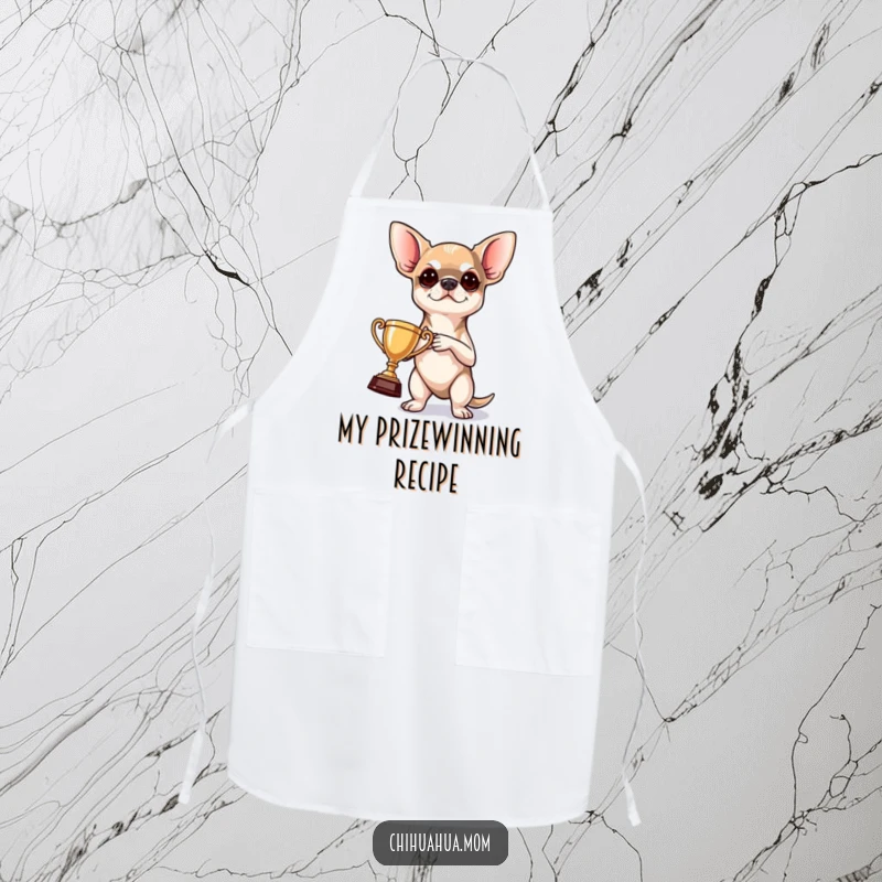 Funny Apron: a determined chihuahua holding a tiny trophy, ready to cook up a storm with humorous flair.