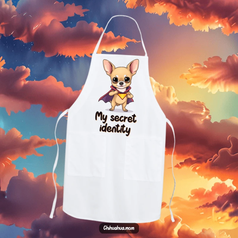 Funny Chihuahua Superhero Apron depicting a chihuahua in a cape, ready to tackle any messy kitchen task with funny bravery.