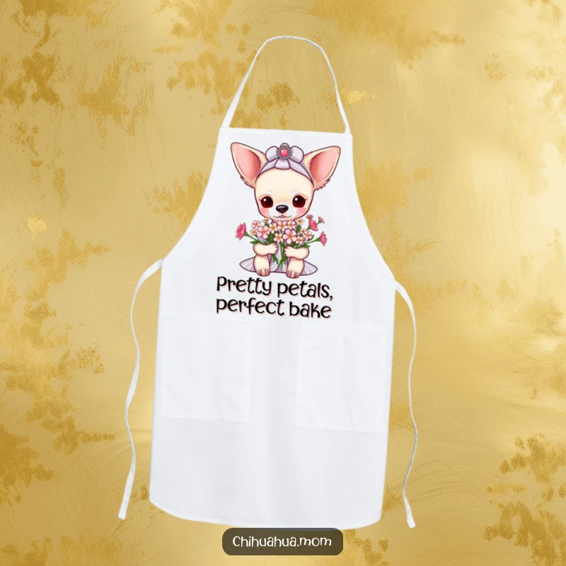 Funny pampered chihuahua lady apron showing her receiving a bouquet of tiny flowers while ready to cook, combining elegance and kitchen fun.