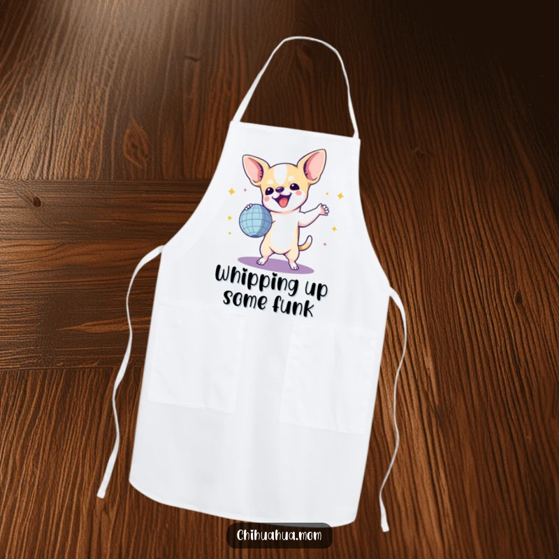 Funny Chihuahua Apron: A chihuahua with a chef hat grooving beside a disco ball, bringing disco energy to the kitchen.