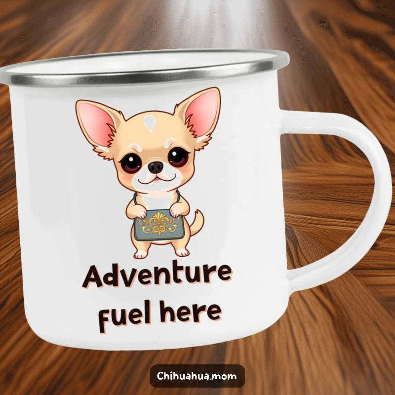Funny Chihuahua Camp Mug: A determined chihuahua with a handbag, ready for outdoor escapades. Durable and humorous enamel mug.