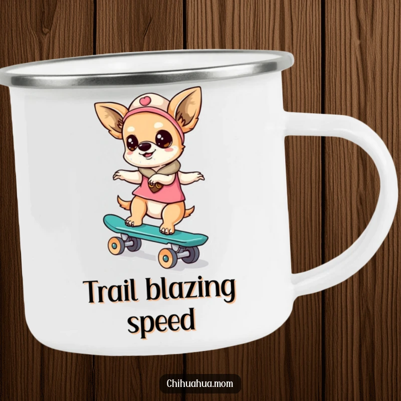 Funny kawaii chihuahua lady character holding a camping mug, riding a skateboard outdoors, a humorous and adventurous scene.