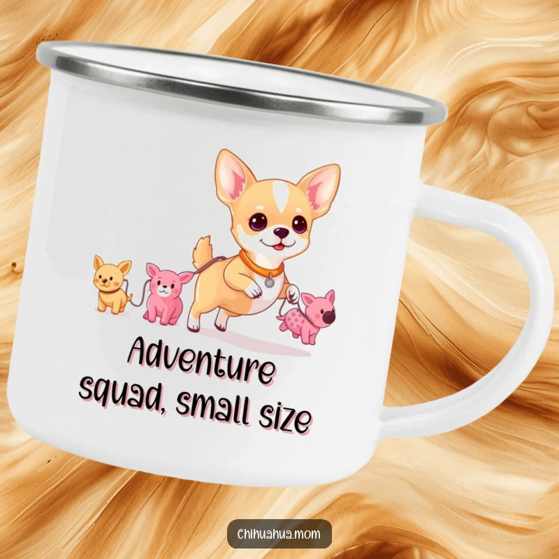 Funny camping mug with a chihuahua holding a leash attached to a string of plush toys, ready for outdoor fun.
