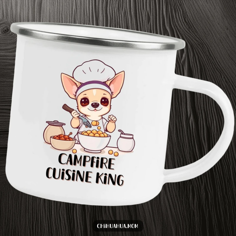Funny enamel camping mug: a chihuahua dog in a chef outfit, whisking a bowl of tiny treats outdoors.