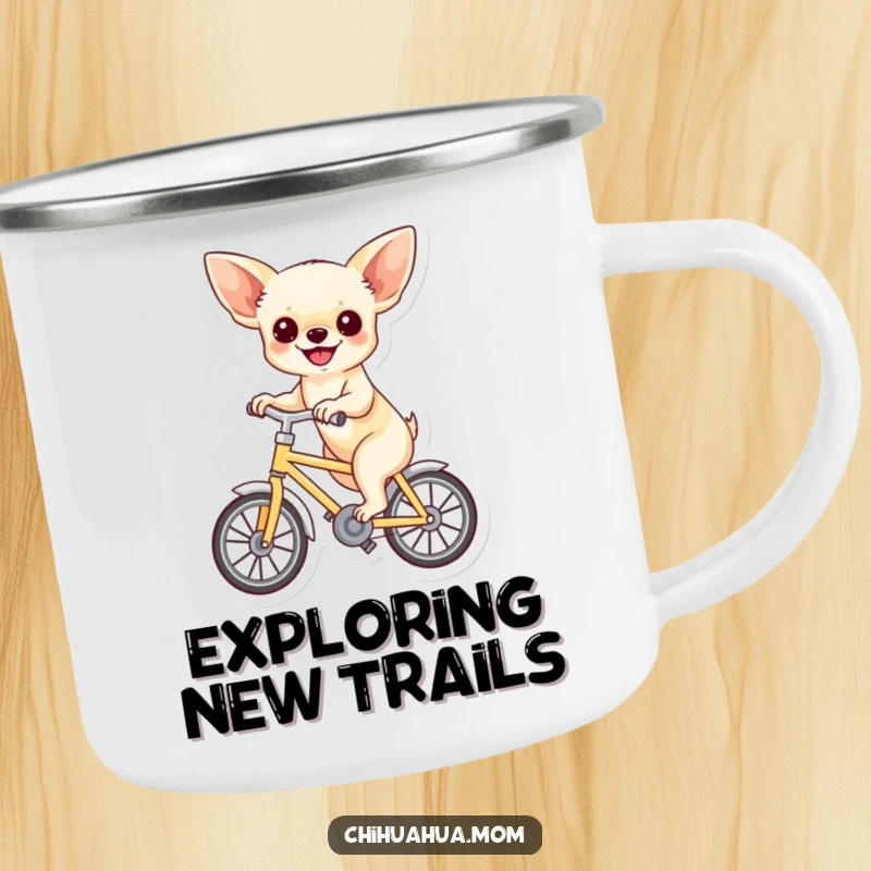 Funny camping mug with a chihuahua joyfully riding a mini bicycle, designed for outdoor fun with humorous, happy vibes.