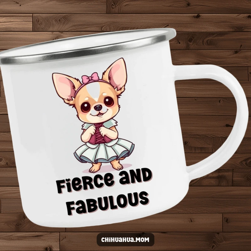 Funny Chihuahua Camping Mug: A tiny dog in a fancy dress poses outdoors. Rugged and hilarious.