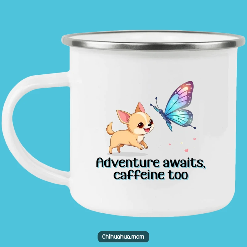Funny Chihuahua Butterfly Chase Camping Mug: Adventure in Every Sip!
