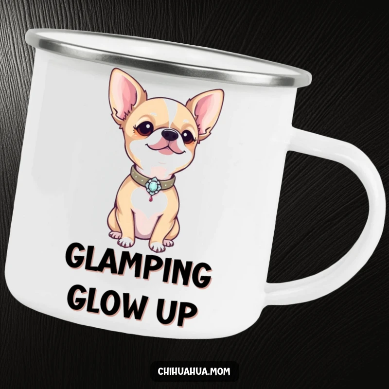 Funny proud chihuahua showing off a tiny, bejeweled collar on a durable camping mug for outdoor enthusiasts.