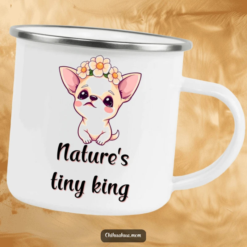 Funny Chihuahua Camping Mug, wearing a flower crown and gazing upwards, combining bohemian style with outdoor adventure.