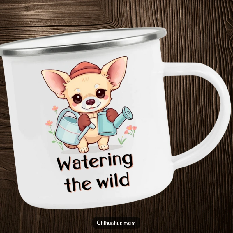 Funny Chihuahua Gardener Camping Mug: A chihuahua wears oversized gloves and holds a tiny watering can, for camping, gift.