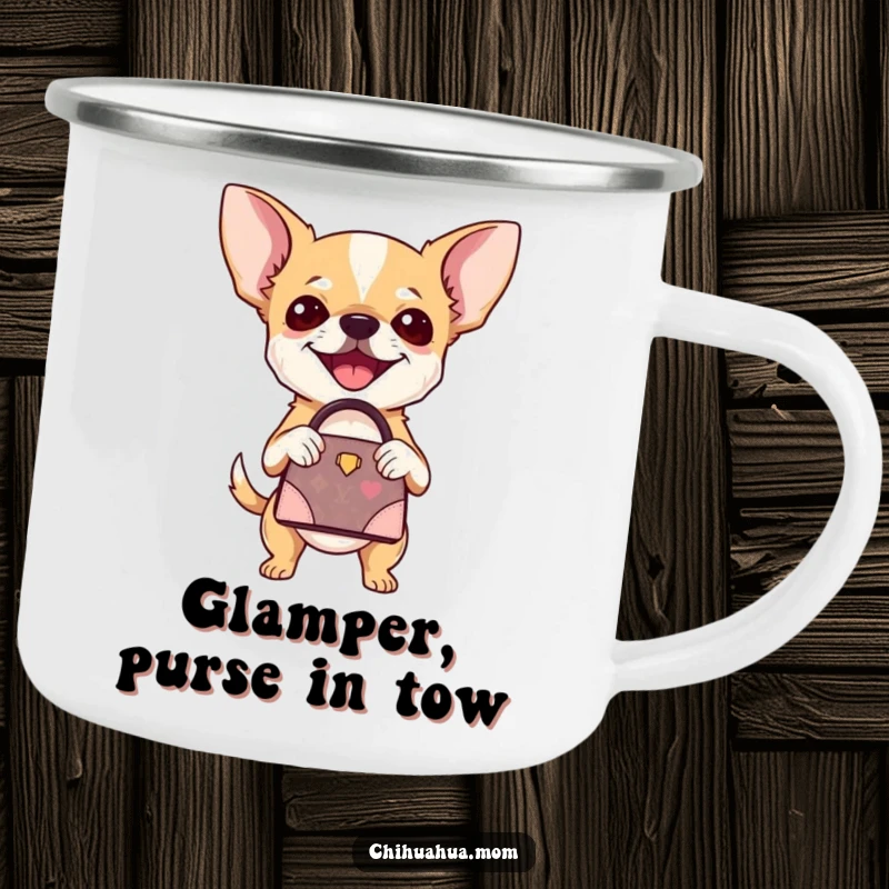 Funny Chihuahua Camping Mug: A chihuahua proudly holds a miniature designer handbag, looking chic outdoors. A fun funny gift.