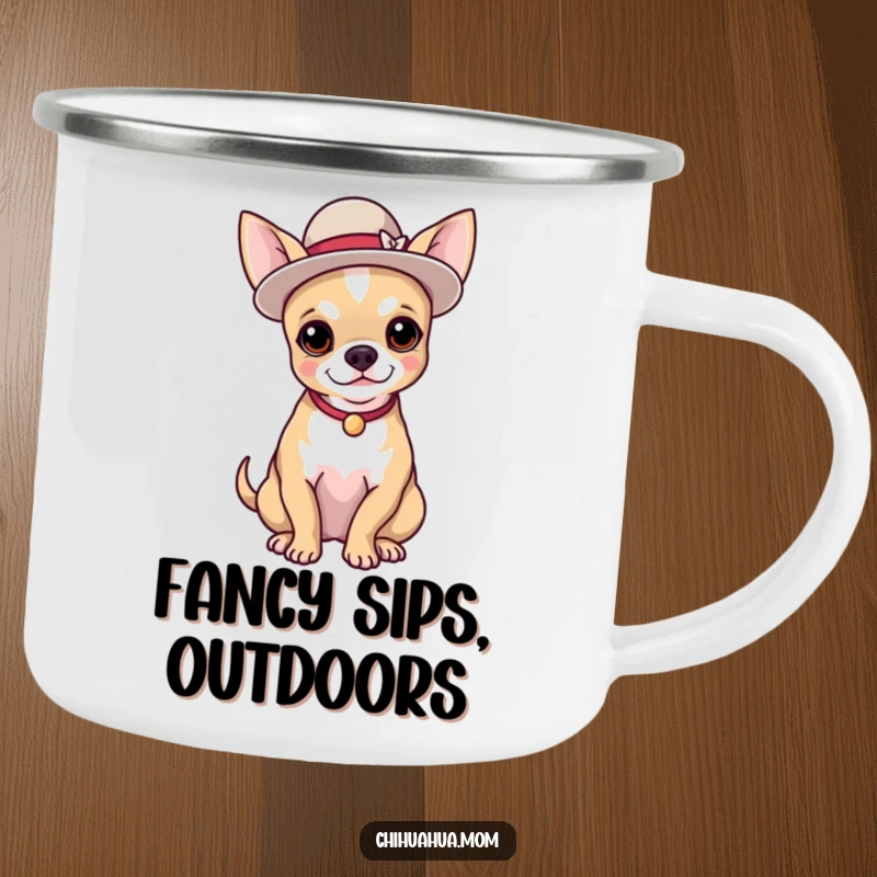 Funny camping mug showing a chihuahua wearing an elegant hat and posing proudly, ideal for campers.