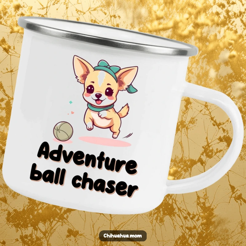 Funny Chihuahua Lady Camping Mug: Kawaii character energetically chasing a rolling ball. Great funny gift for outdoor enthusiasts.