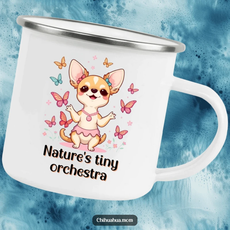 Funny chihuahua lady camping mug showing her leading a delightful choir of butterflies under the stars, perfect for campfire songs.