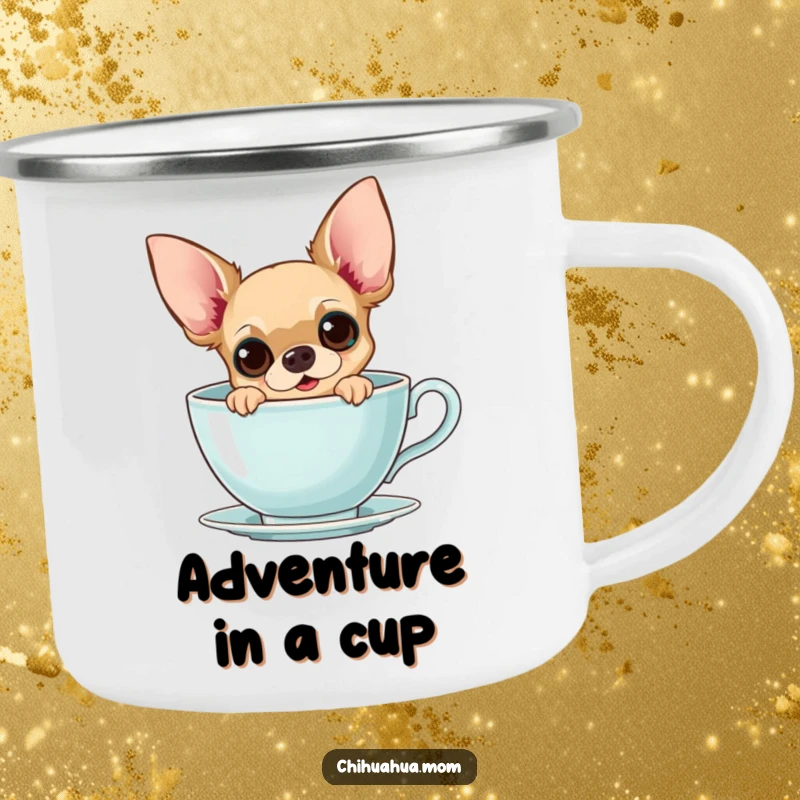 Funny Chihuahua Teacup Camping Mug: A curious chihuahua peeks from a giant teacup with wide eyes, for camping, gift.