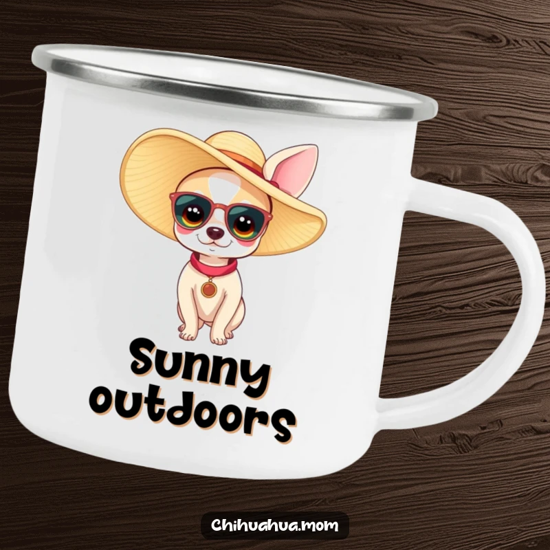 Funny chihuahua woman camping mug with a tiny dog wearing a large sun hat. Ideal for outdoor enthusiasts and coffee lovers.