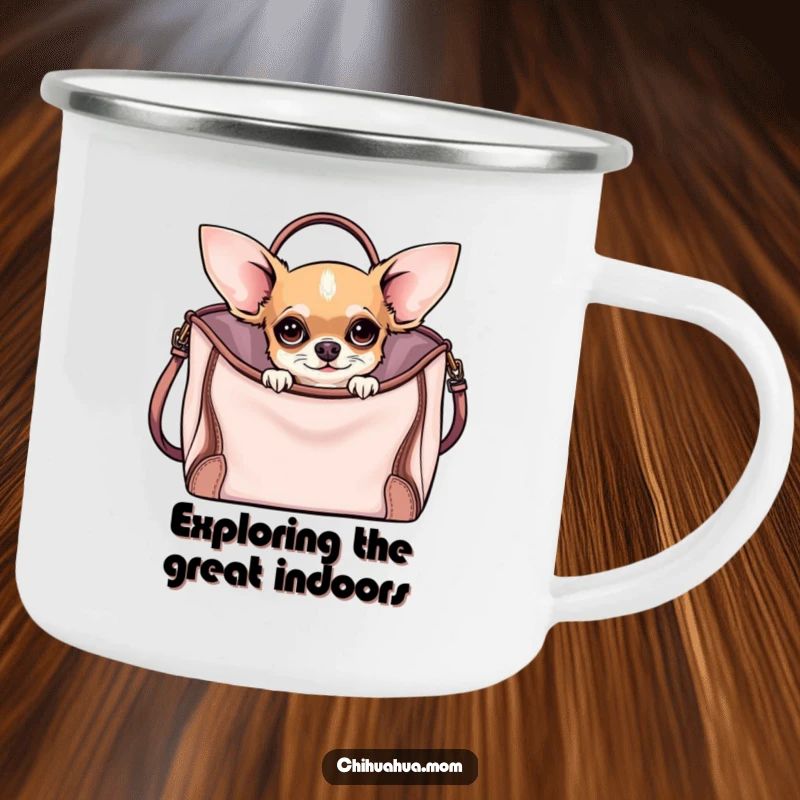 Funny Curious Chihuahua Camping Mug featuring a chihuahua peeking from a handbag, ready for funny, stylish outdoor sips.
