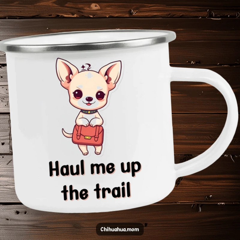 Funny Kawaii chihuahua lady camping mug with a character in a handbag, for stylish adventurers.