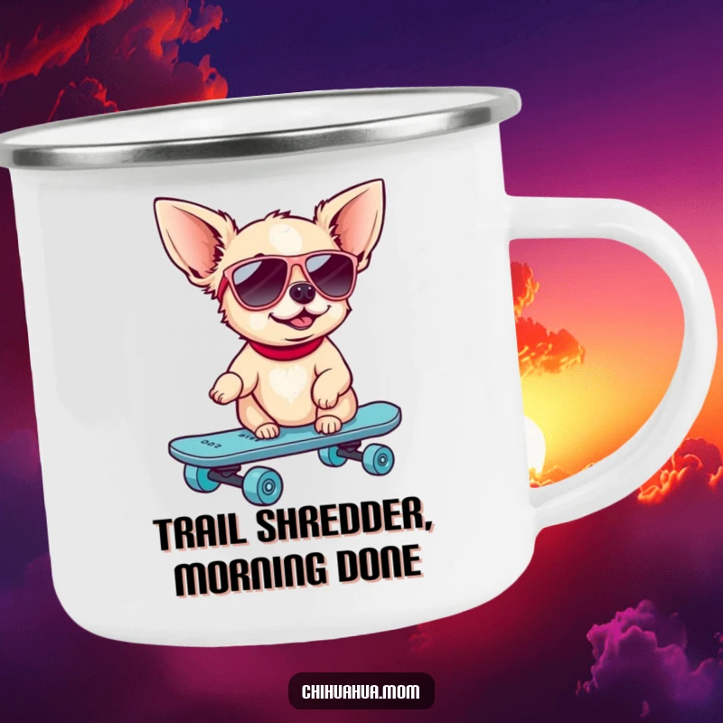 Funny Skater Chihuahua Camping Mug: A dog in sunglasses rides a skateboard. Rugged and humorous.