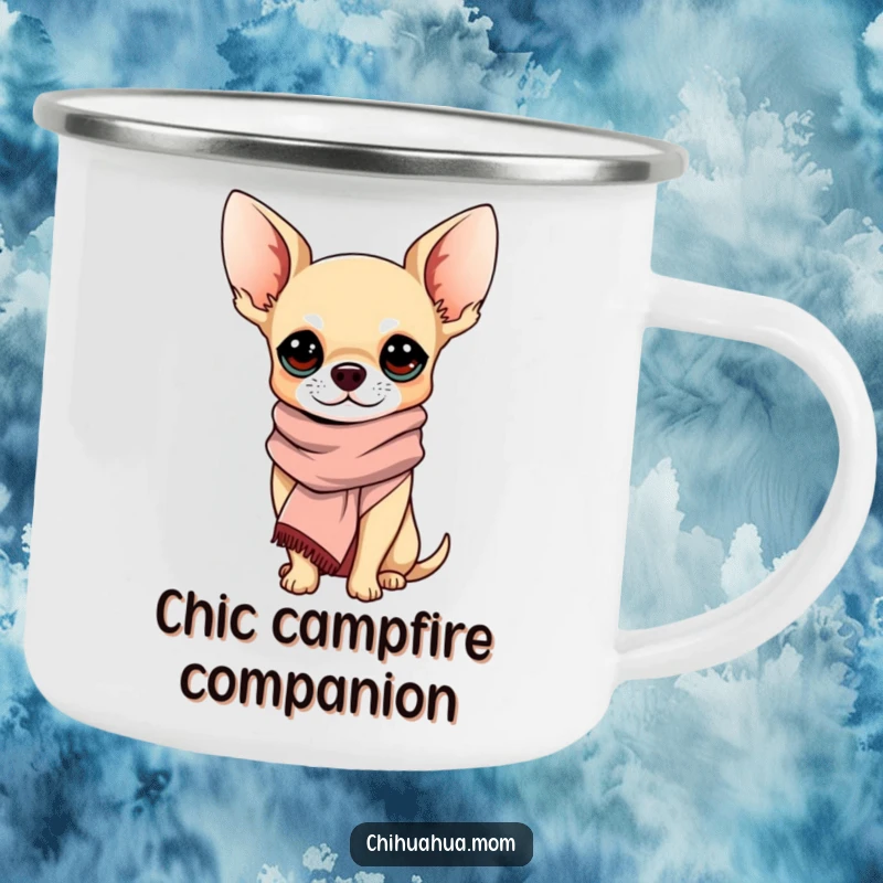 Funny Chihuahua Camping Mug: A chihuahua wearing a chic scarf, looking sophisticated outdoors. A fun funny gift.