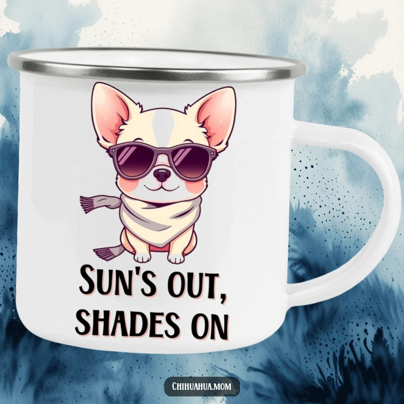 Funny enamel camping mug: a tiny chihuahua dog wearing sunglasses and a scarf on an outdoor adventure.