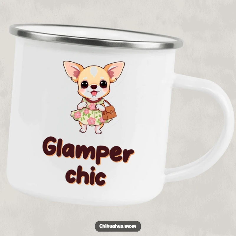 Funny enamel camping mug: a chihuahua dog wearing a floral dress and carrying a purse outdoors.