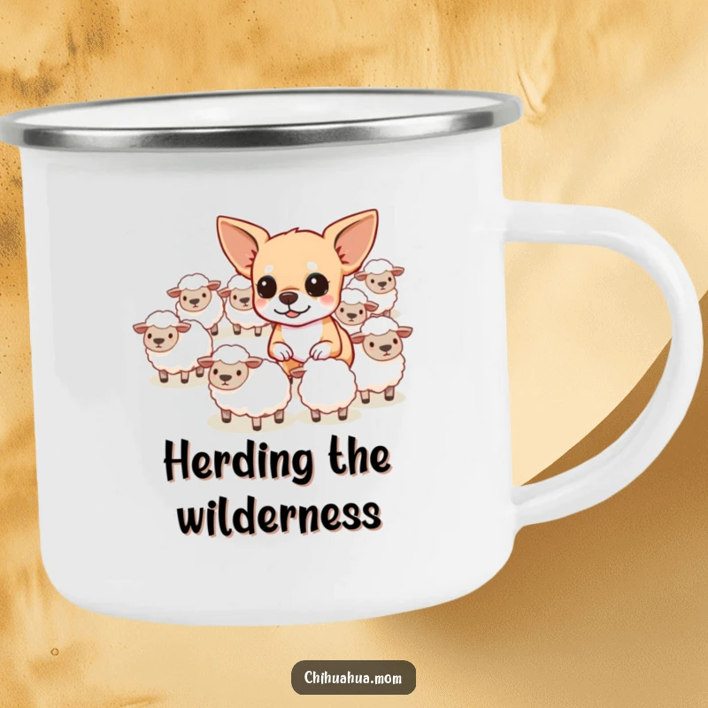 Funny determined chihuahua herding tiny sheep on a camping mug, for rustic and humorous outdoor use.