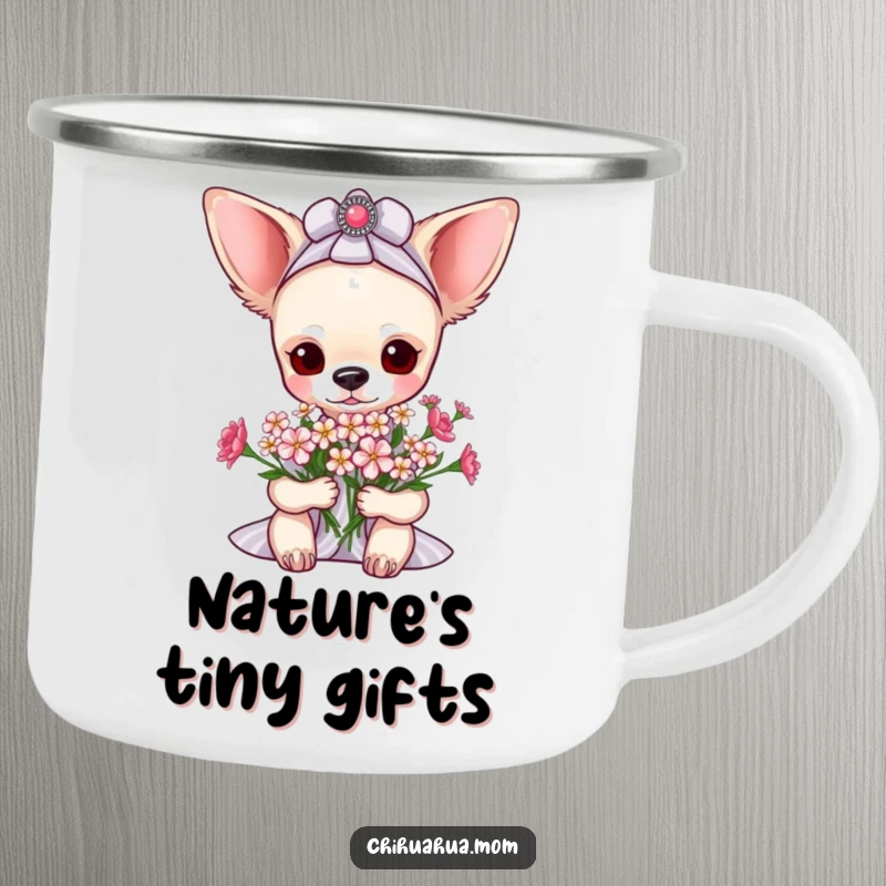 Funny pampered chihuahua lady camping mug showing her receiving tiny flowers, perfect for enjoying coffee during outdoor adventures.