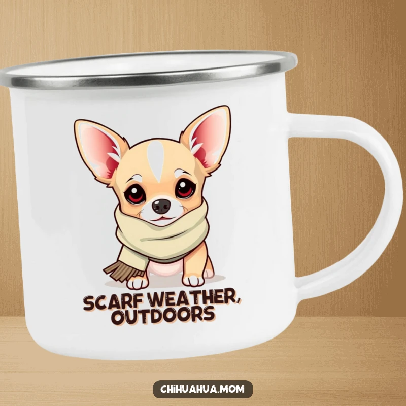 Funny Camping Mug: a chihuahua in a silly scarf peeks out, offering a humorous and charming companion for outdoor drinks.