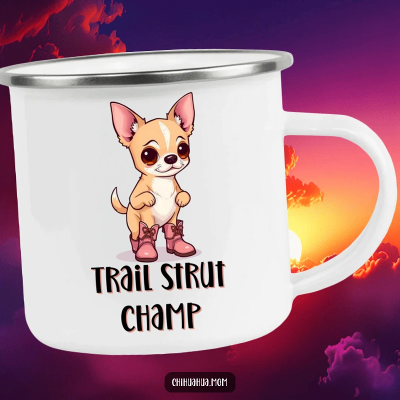 Funny camping mug featuring a chihuahua wearing tiny boots, prancing proudly, designed for durable and stylish outdoor sipping.