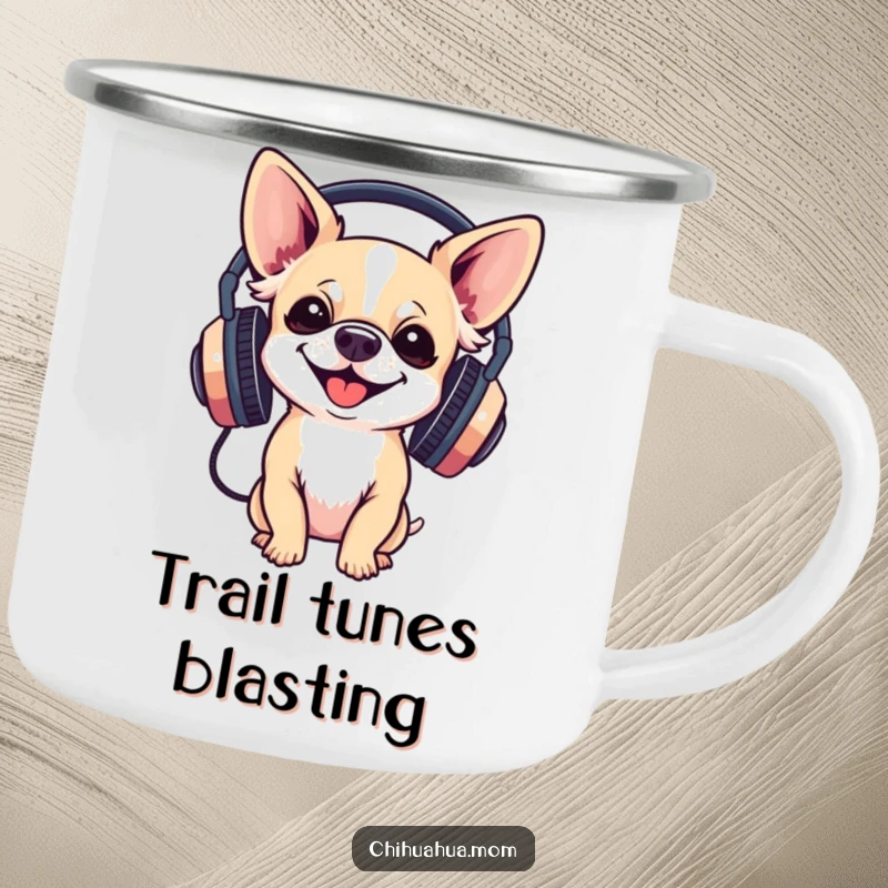 Funny Camping Mug: a chihuahua wearing large headphones gleefully, ready for outdoor tunes and humorous enjoyment.