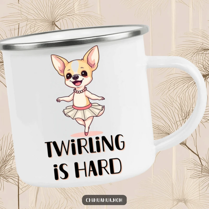 Funny Chihuahua Ballerina Camping Mug: A smiling chihuahua in a tutu attempts a clumsy twirl, for camping, gift.