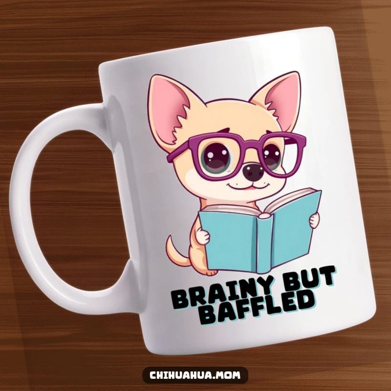 Funny mug with a small chihuahua wearing large glasses, looking utterly confused while trying to read a book.